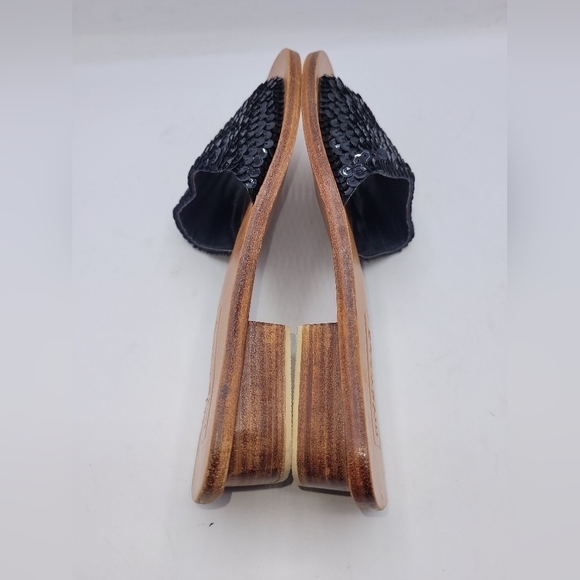 Mystique Black Sequined Leather Slides Sandals Block Heels Size 9 - Picture 7 of 16